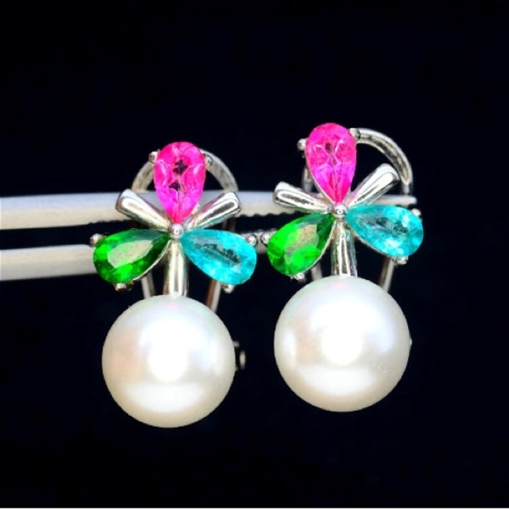 22.8 Carats Mixed Color Topaz Earrings in 925 Silver - Picture 2 of 14